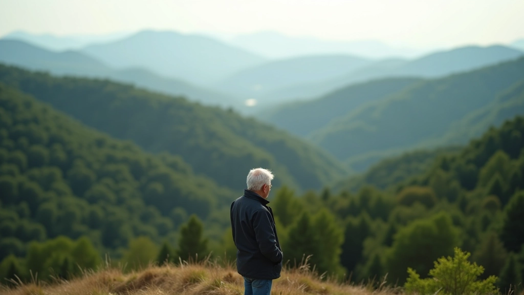 Piliakalnio viršuje žmogus stovi ir žiūri į tolimą miško vaizdą